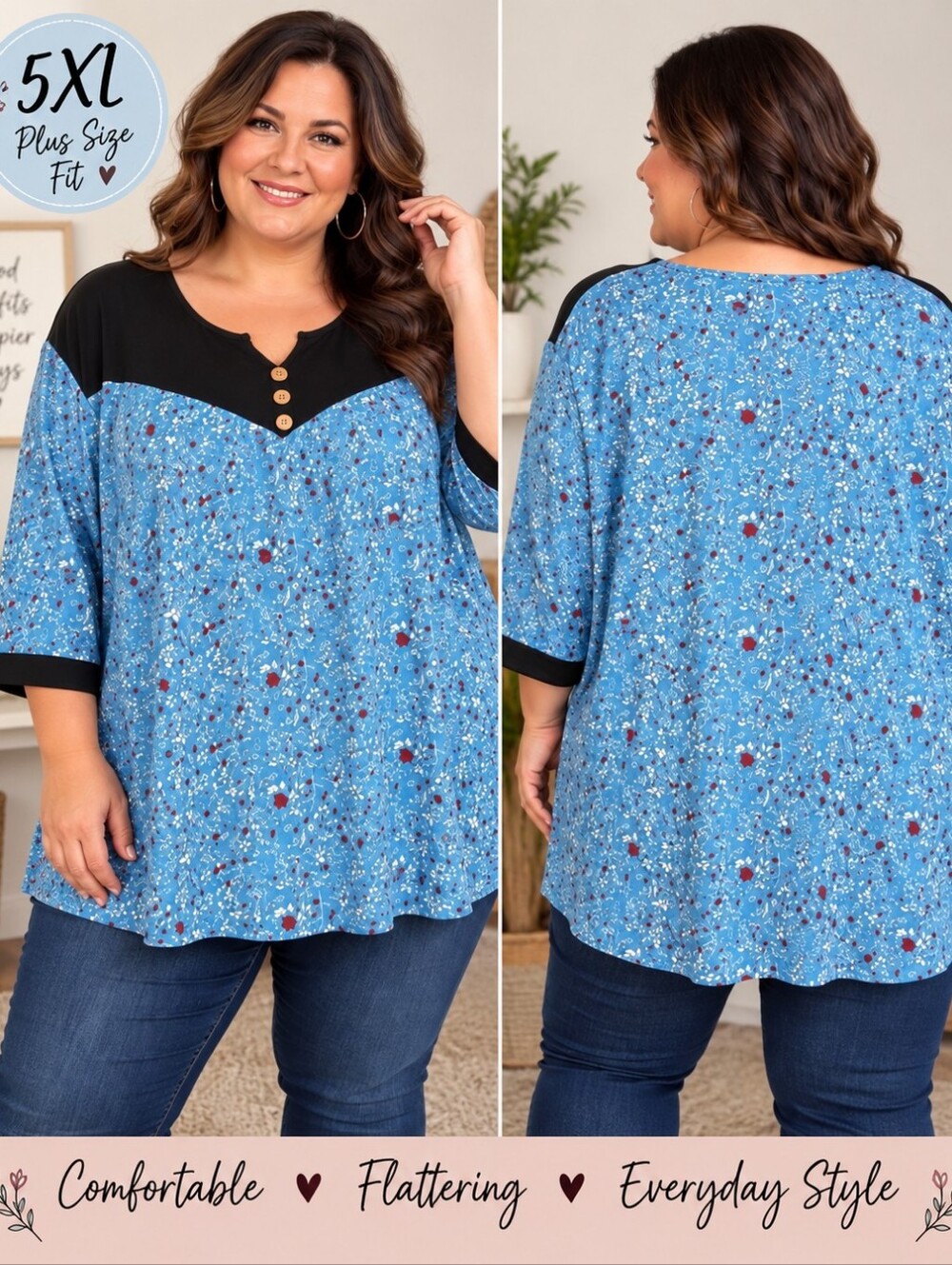 Women’s 5XL Plus Size Blue Floral Tunic Top Black Colorblock Stretch Blouse